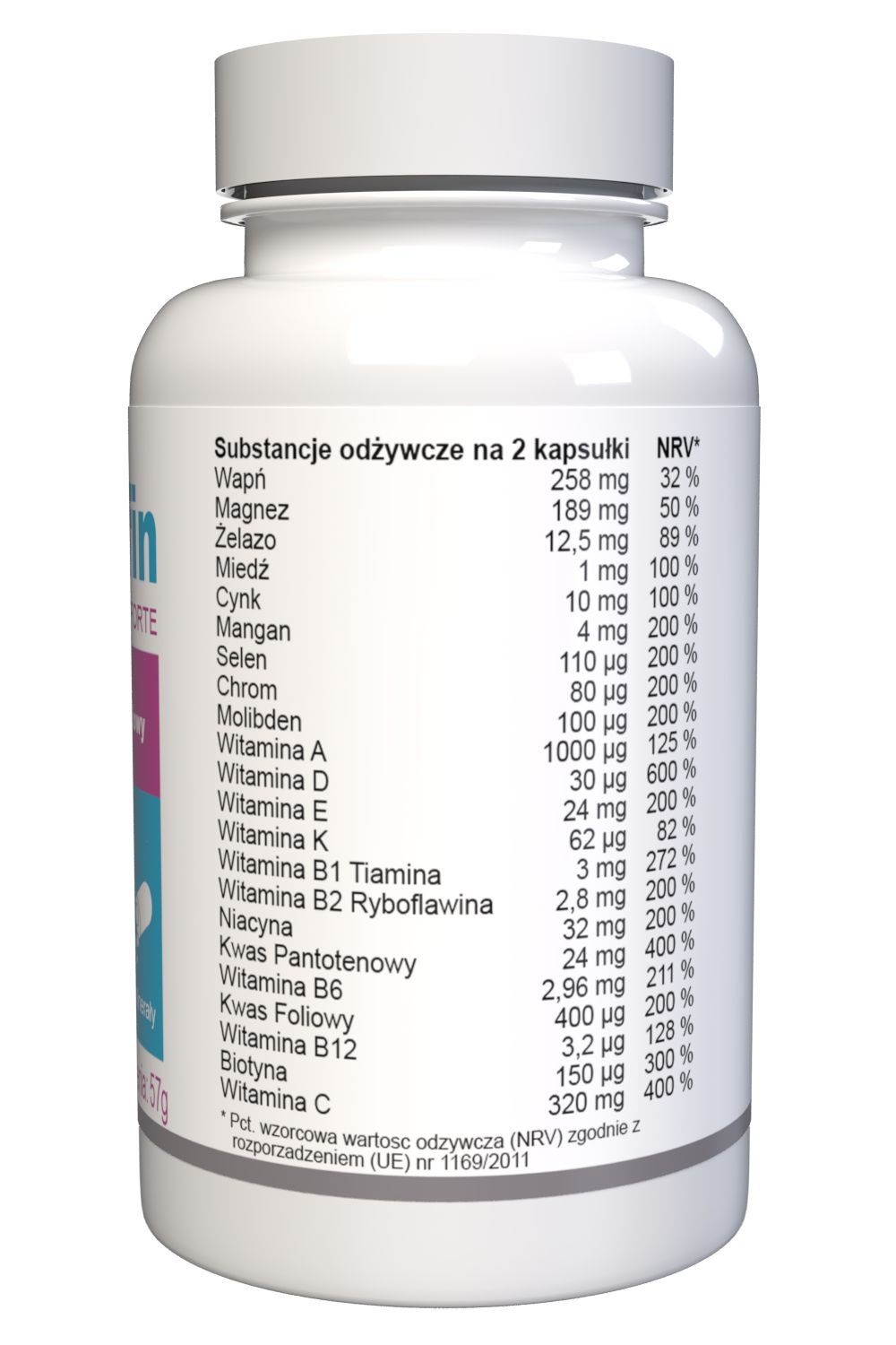 Weiße Flasche mit Nährwerttabelle in polnischer Sprache. Enthält Kapseln. Rückansicht.