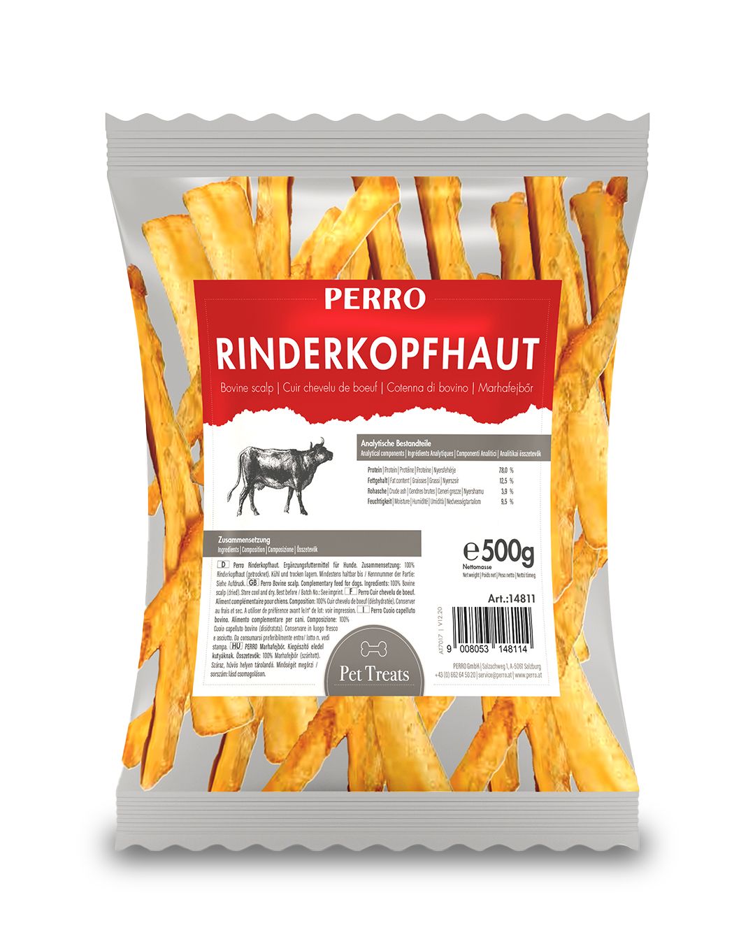 Beutel mit Kauartikeln. Aufschrift: PERRO Rinderkopfhaut. Enthält 500g. Produktbild mit Kuh-Illustration und Nährwertangaben.