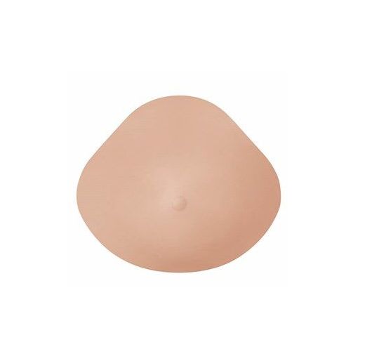 Brustprothese, flache Form. Hautfarbenes Silikon, tropfenförmig. Mit Nippel. Für post-operative Versorgung.