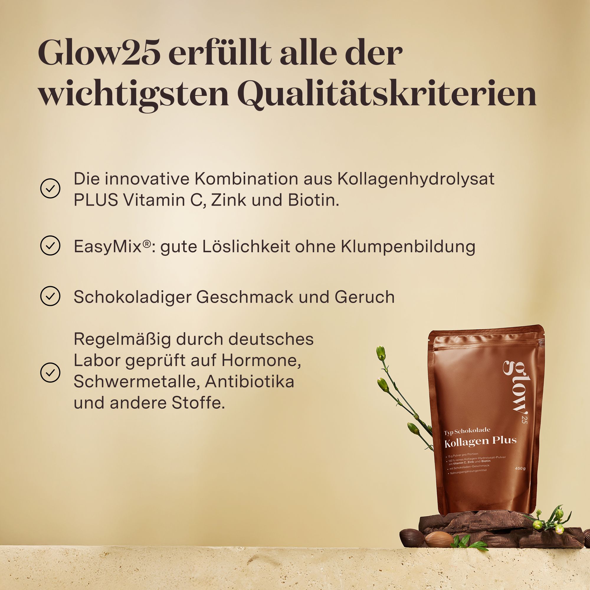 Produktverpackung neben Text. Text: "Glow25 erfüllt alle der wichtigsten Qualitätskriterien". Aufzählung: Kombination, Löslichkeit, Geschmack, Laborprüfung.