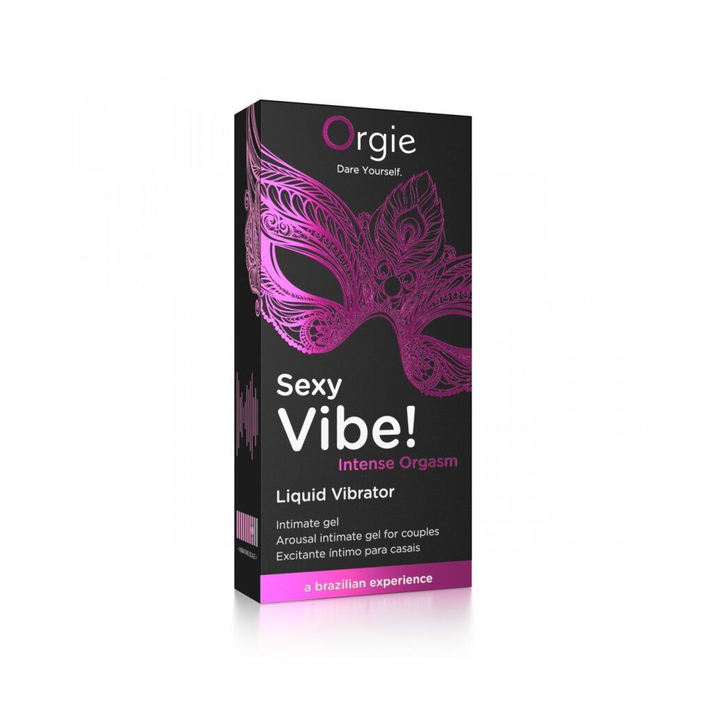 Orgies Sexy Vibe! Intense Orgasm. Schwarze Verpackung mit pinkfarbenem Masken-Design. Produktname und Marke sichtbar.