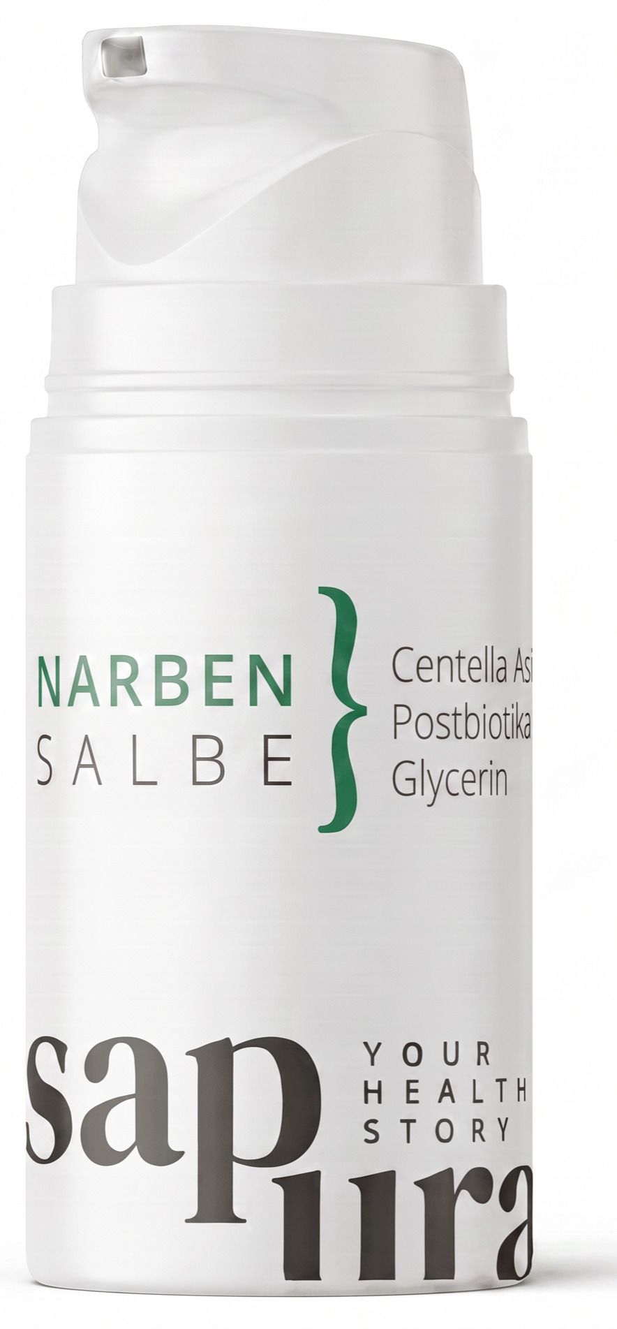 Nahaufnahme einer weißen Pumpspender-Flasche mit dem Aufdruck 'Narbensalbe'.