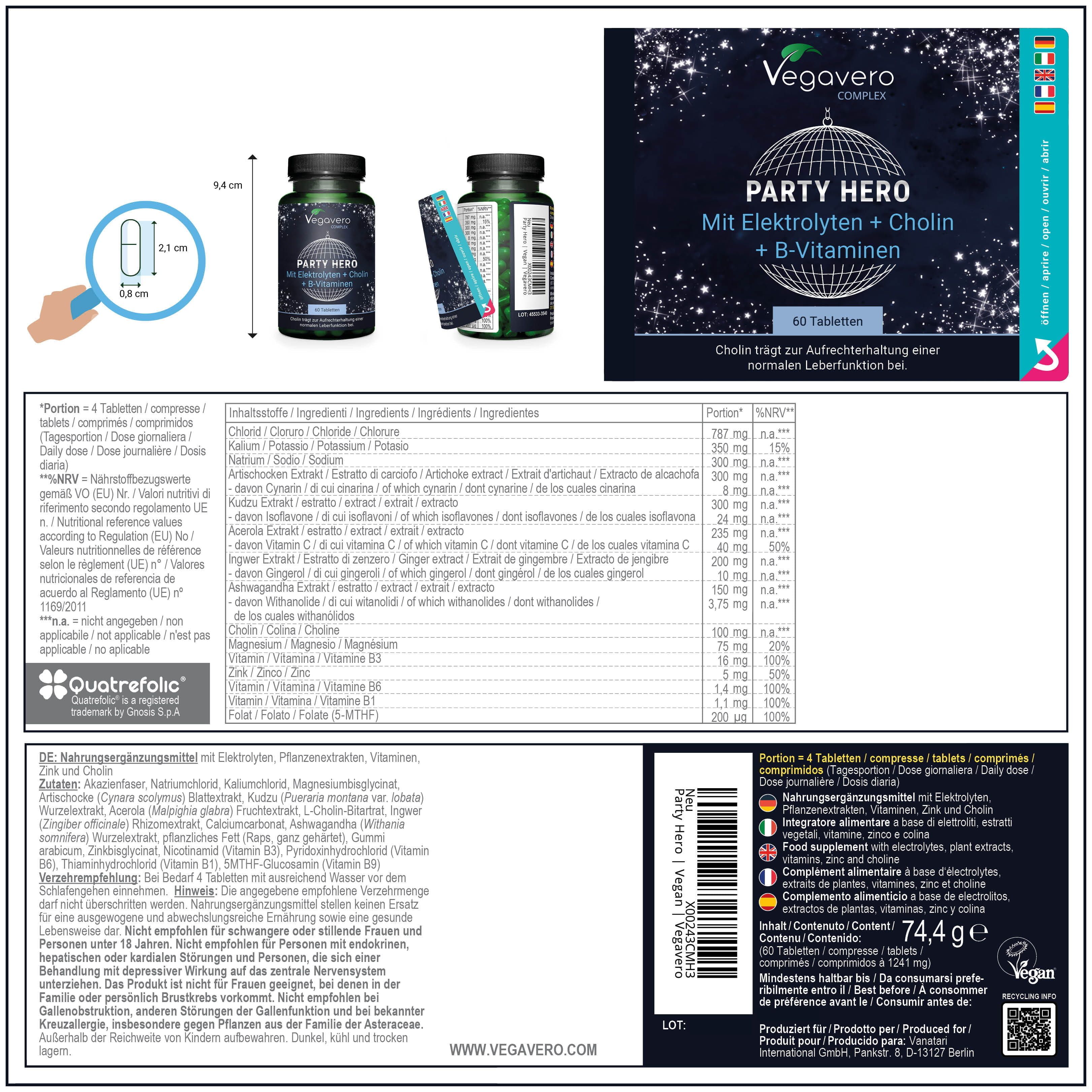 Produktverpackung mit Flasche und Beutel. Detailansicht der Inhaltsstoffe und Nährwertangaben. Text in Deutsch, Englisch, Französisch, Italienisch.