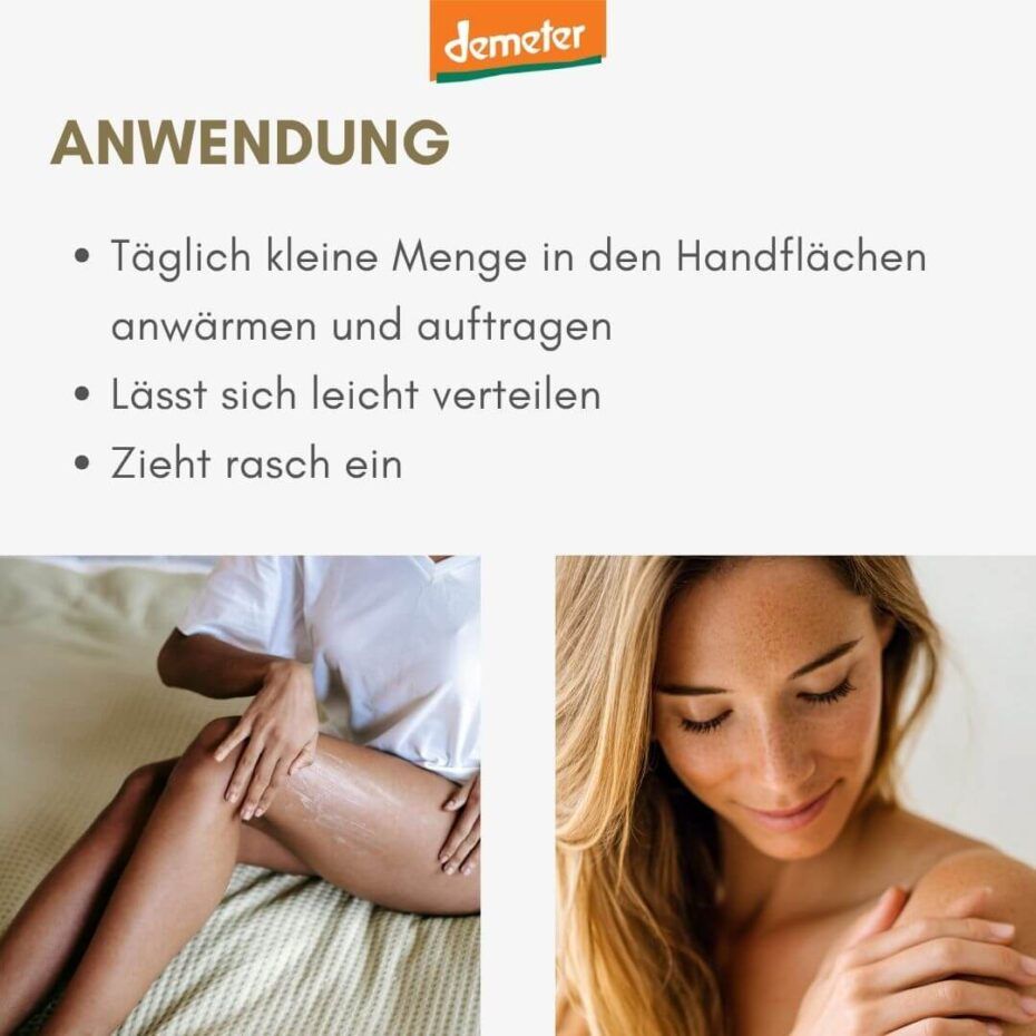 Frau trägt Körper-Milch auf Beine auf. Text: Anwendung. Demeter-Logo.