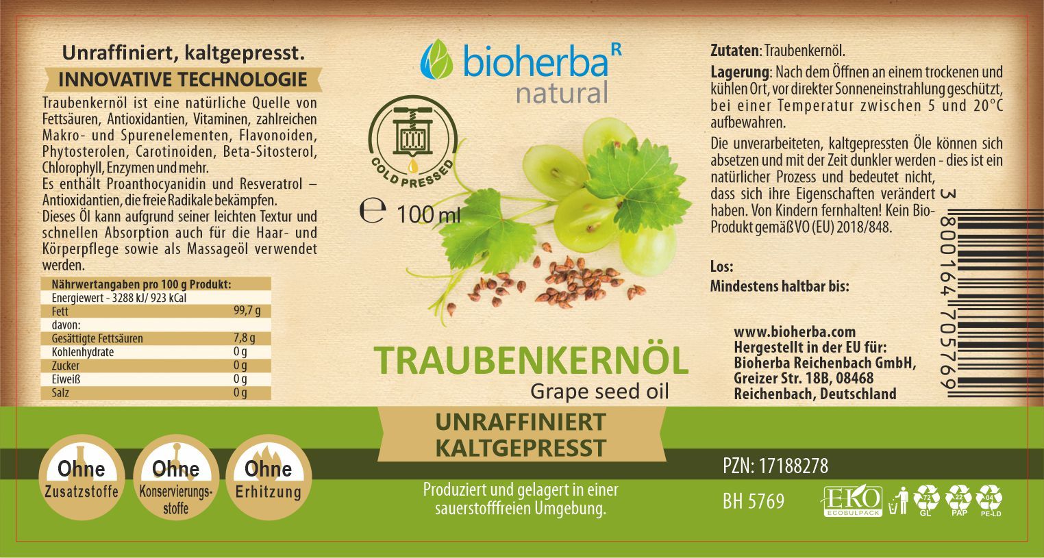 Etikett mit Produktinformationen. Text: Traubenkernöl, kaltgepresst, Bioherba. Logo mit Trauben und Blättern. Gold Pressed Siegel. 100 ml.