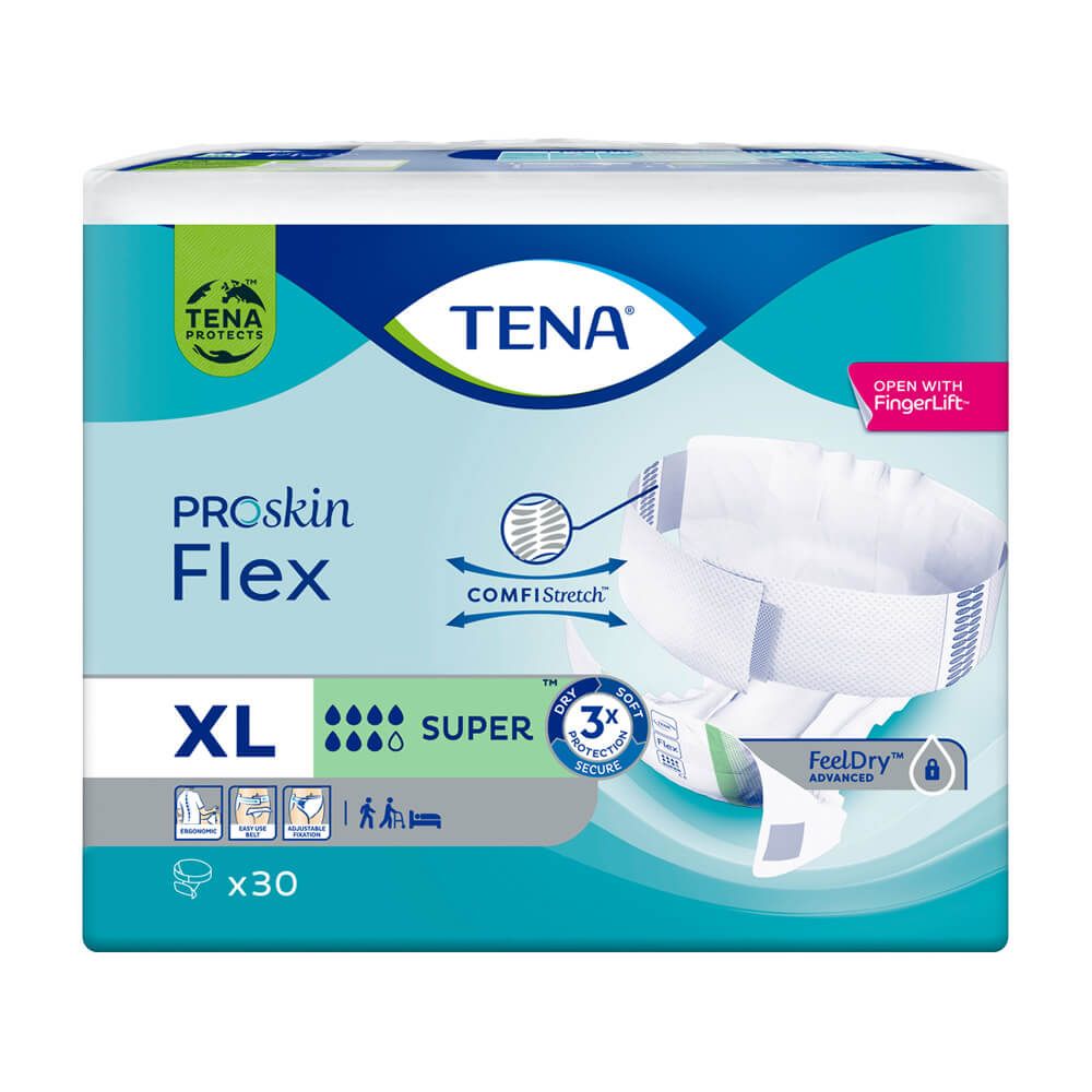 Verpackung TENA ProSkin Flex Super XL. Blaue Verpackung mit Produktabbildung. Text: TENA, ProSkin Flex, XL, Super, x30.