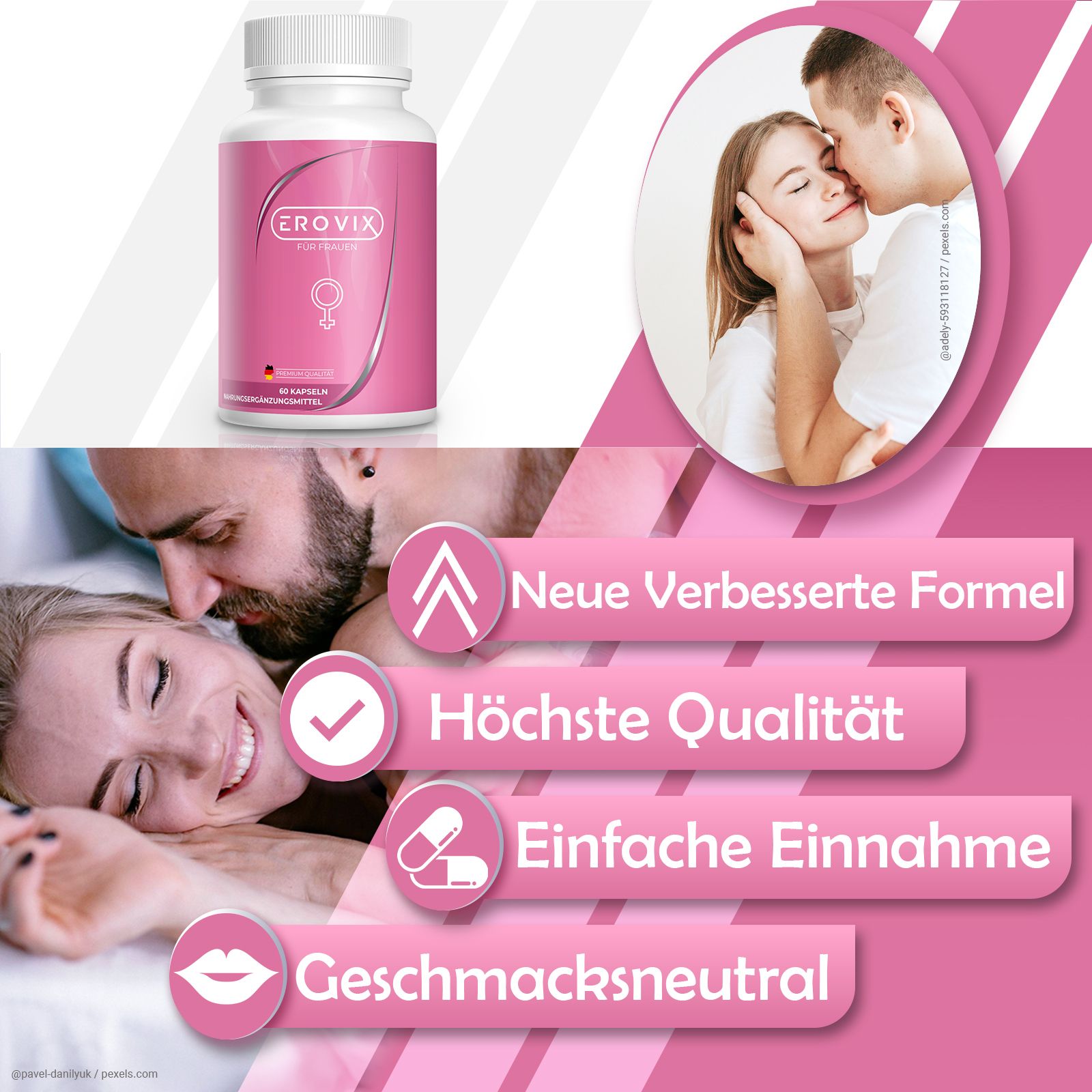 Rosa Flasche "Erovix für Frauen". Texte: "Neue verbesserte Formel", "Höchste Qualität", "Einfache Einnahme", "Geschmacksneutral".