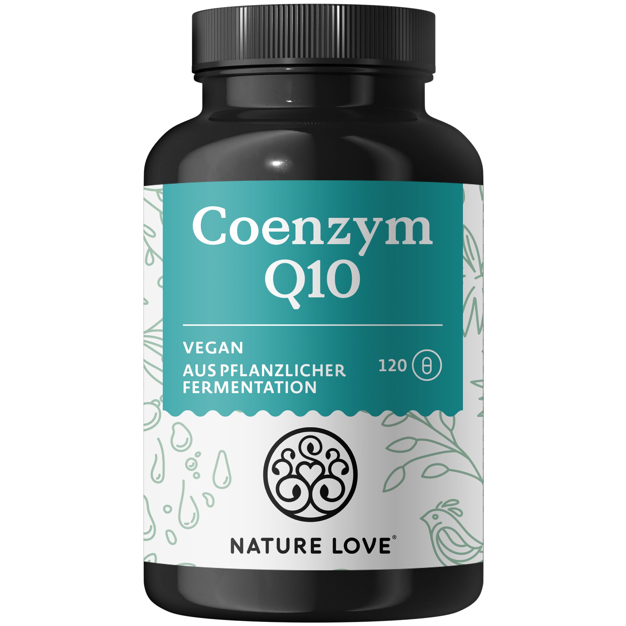 Schwarze Flasche mit weißem Etikett. Aufschrift: Coenzym Q10, vegan, aus pflanzlicher Fermentation. Marke: NATURE LOVE®. 120 Kapseln.