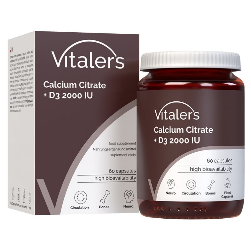 Braune Flasche und Schachtel. Aufschrift: Vitaler's Calcium Citrate + D3 2000 IE. 60 Kapseln. Symbole für Neuro, Kreislauf, Knochen, Kapseln.