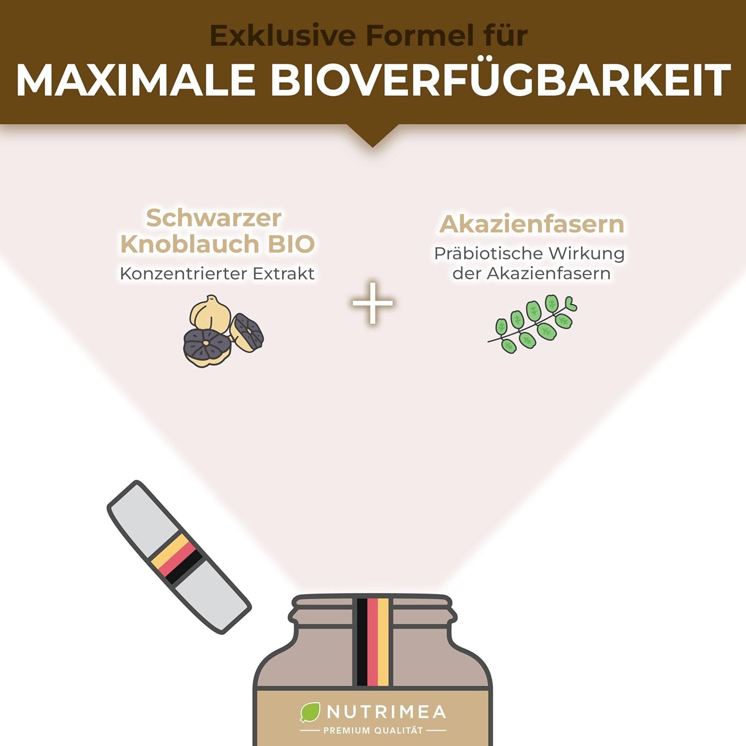Formel für maximale Bioverfügbarkeit. Schwarzer Knoblauch BIO + Akazienfasern. Flasche mit Produktetikett.