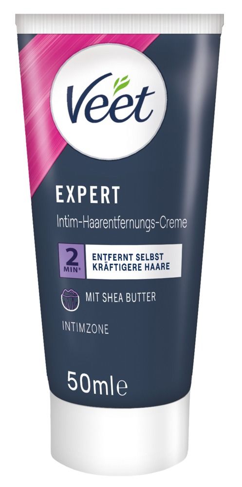 Veet Expert Intim-Haarentfernungs-Creme Tube (50ml) mit Sheabutter für sensible Haut.