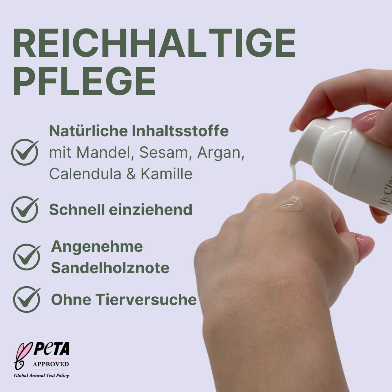 Hand mit Produkt. Produktname und Logo. Text: Mandel, Sesam, Argan, Kamille. PETA-Siegel.