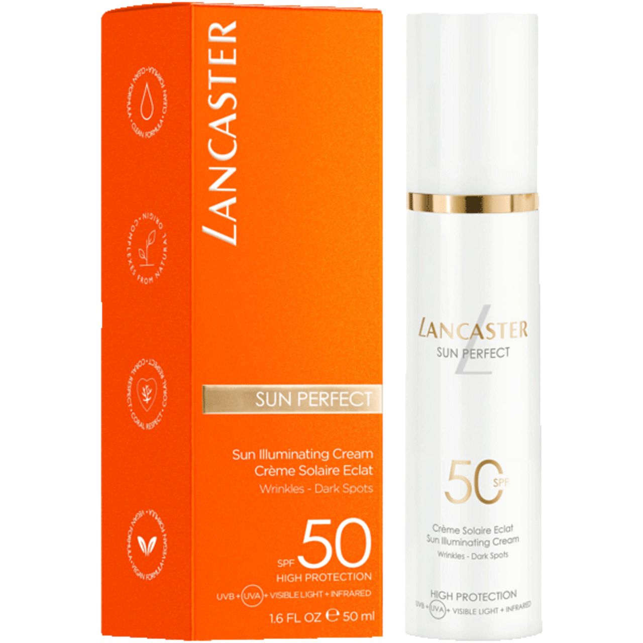Orangefarbene Verpackung und weiße Tube. Aufschrift: Lancaster Sun Perfect, Crème Solaire Eclat, SPF 50. Gegen Falten und dunkle Flecken.