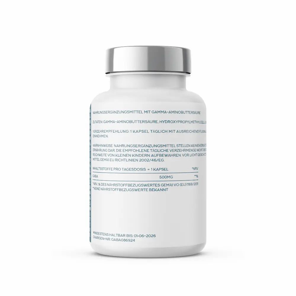 Weiße Kapsel-Dose mit silbernem Deckel. Text in blauer Schrift. Enthält GABA Gamma-Aminobuttersäure. Haltbarkeitsdatum.