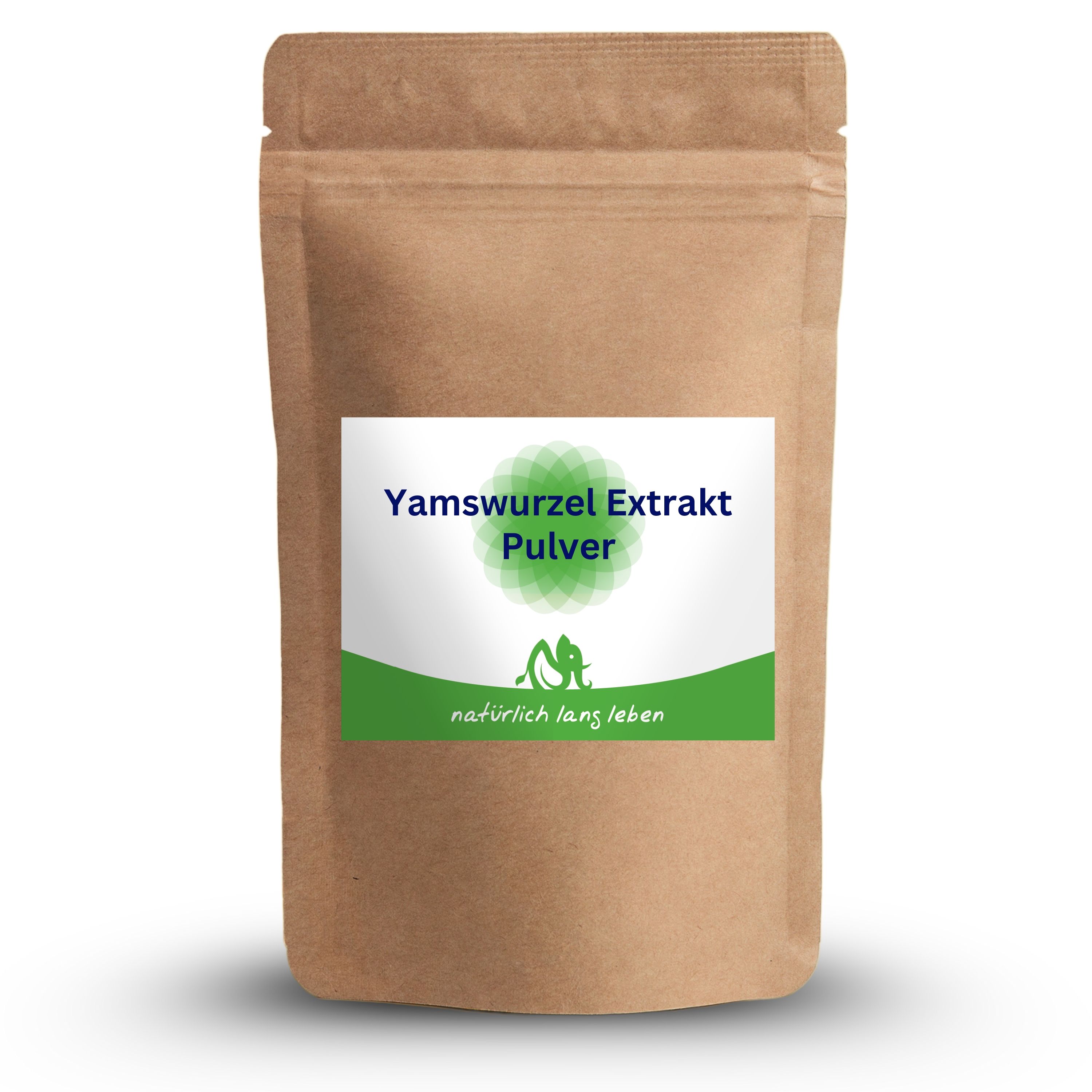 Beutel mit Etikett. Aufschrift: Yamswurzel Extrakt Pulver. Logo: natürlich lang leben. Braune Papierverpackung.