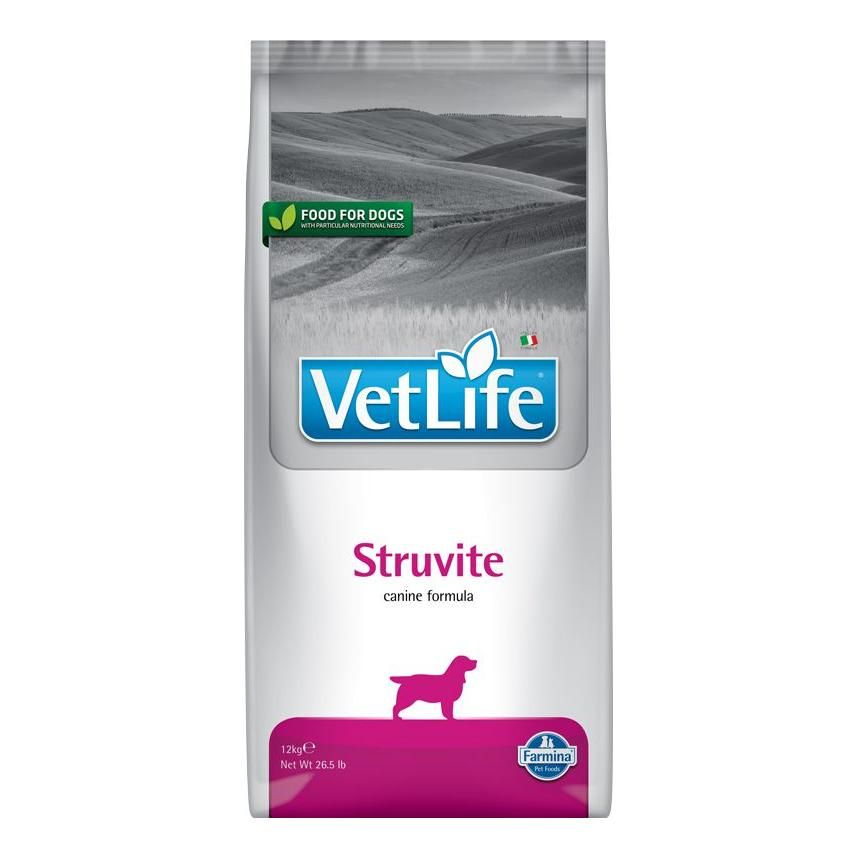 Trockenfutter-Beutel. Aufschrift 'VetLife Struvite canine formula'. Logo mit Hund. Farmina-Logo.
