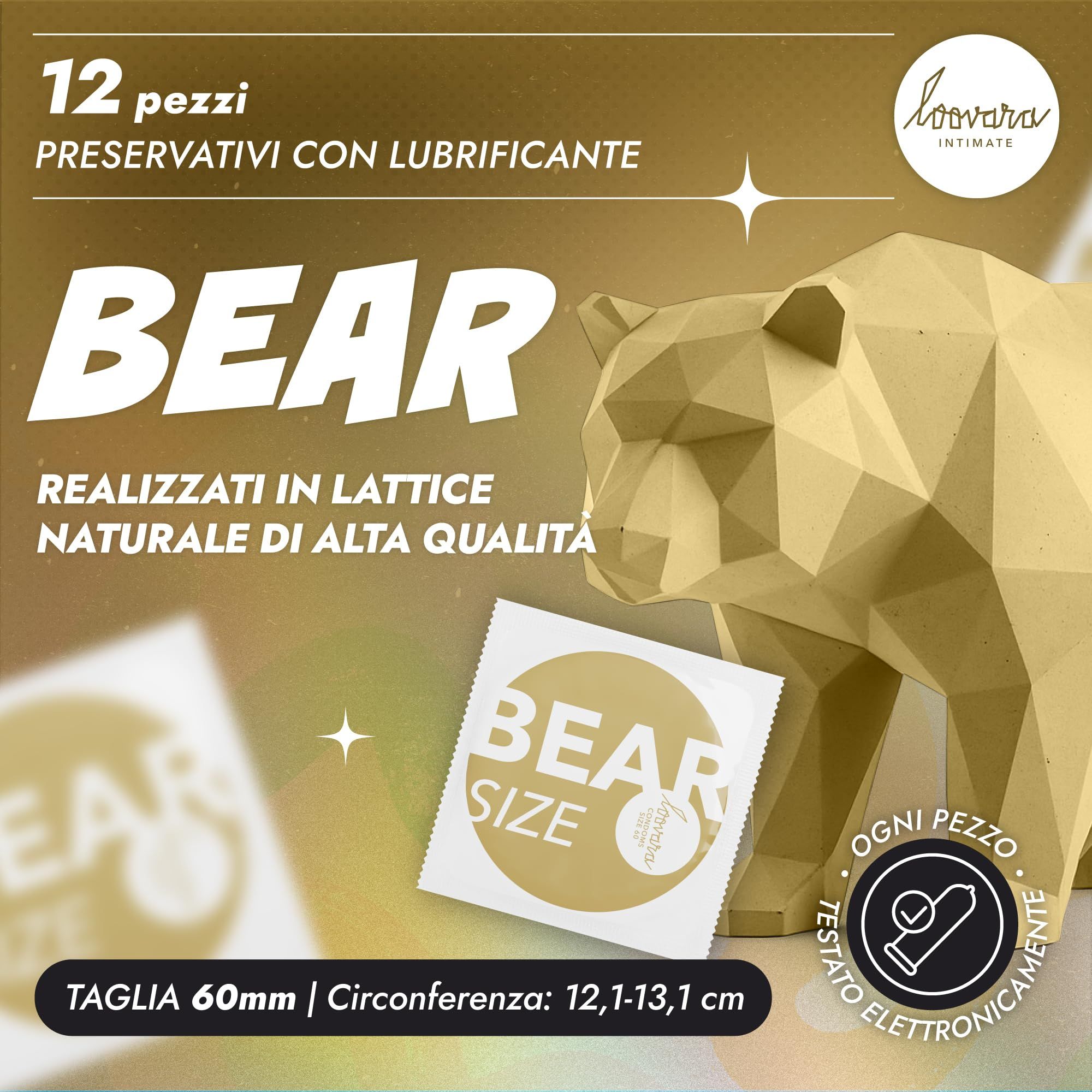 Packung mit 12 Loovara Bear XL Kondomen, 60mm. Goldener Bär-Grafik. Elektronisch getestet.