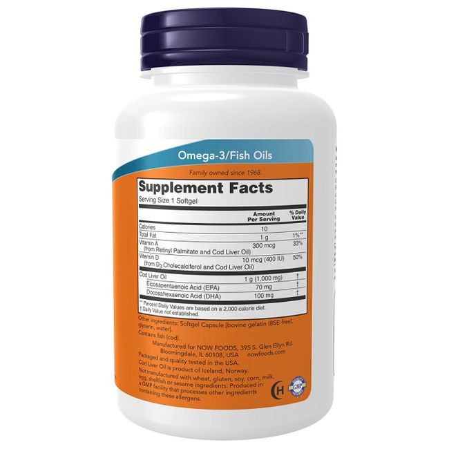 Rückseite der Now Foods Lebertran 1000 mg Softgels. Supplement Facts zeigen 1g Lebertran, 70mg EPA, 100mg DHA.