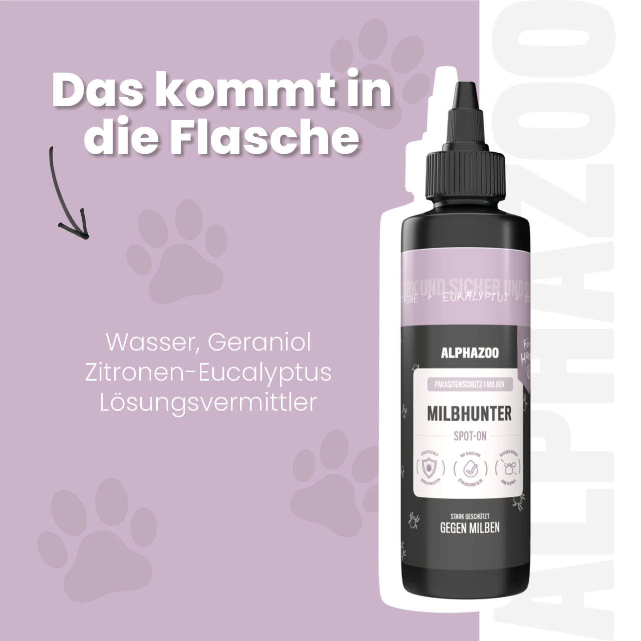 Flasche mit Inhaltsstoffen: Wasser, Geraniol, Zitronen-Eukalyptus. Produktname: alphazoo MILBHUNTER Spot-On.