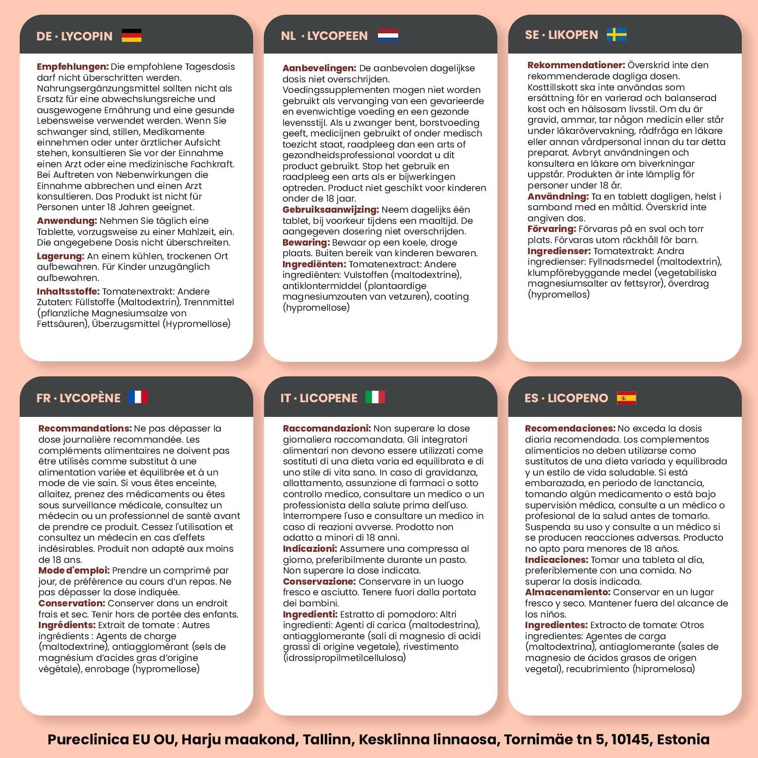 Mehrsprachige Produktinformationen auf Etikett. Enthält Empfehlungen, Inhaltsstoffe und Warnhinweise. Text in Deutsch, Englisch, Niederländisch, etc.