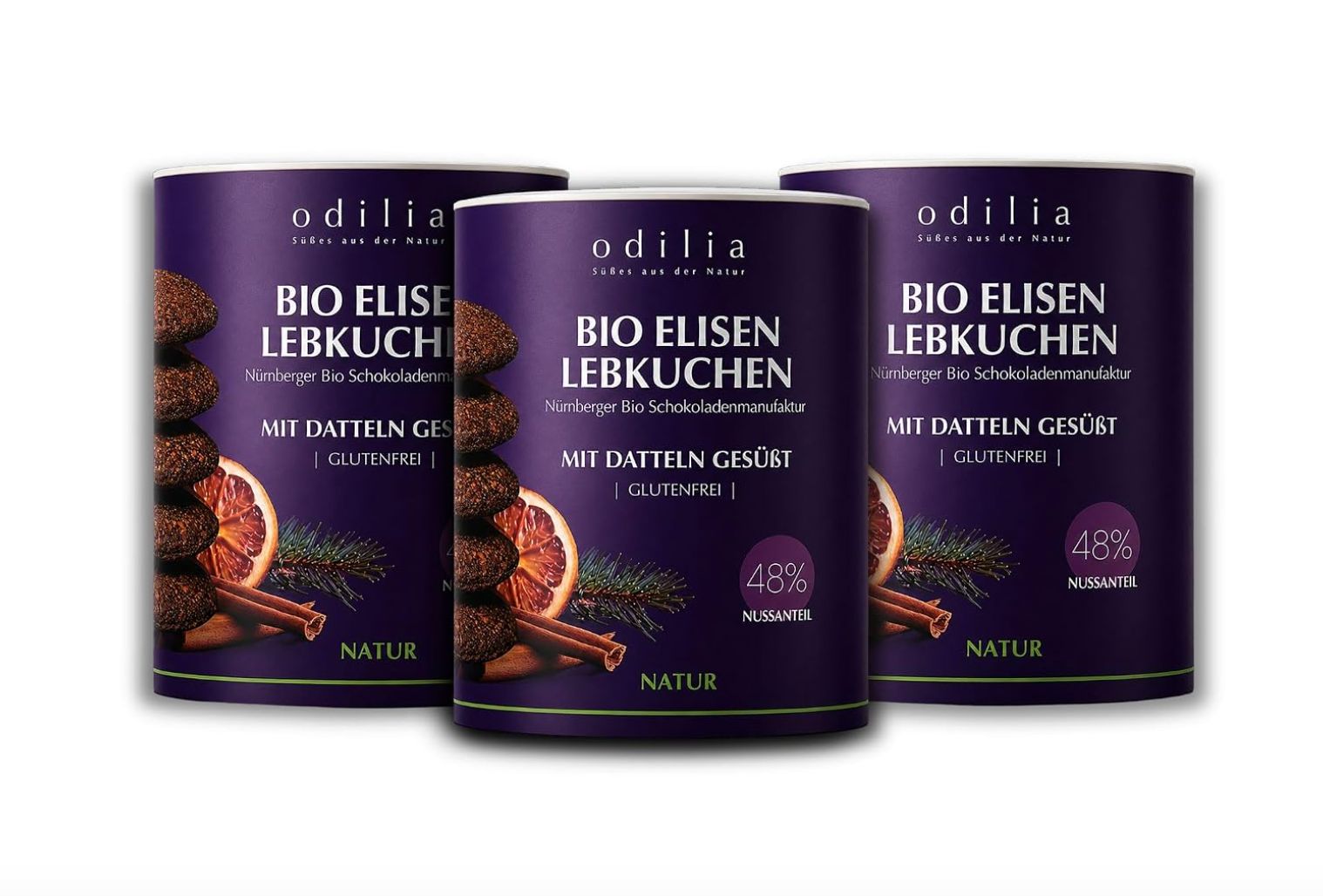 Drei Dosen Odilia Bio Elisen Lebkuchen mit Datteln gesüßt, glutenfrei, 48% Nüsse.