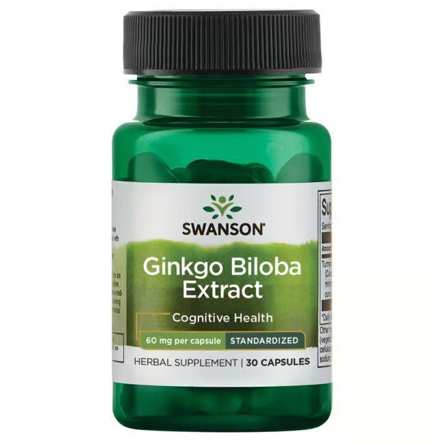 Grüne Flasche mit schwarzem Deckel. Etikett mit Produktname, Marke SWANSON und Ginkgo Biloba Extrakt. 30 Kapseln.