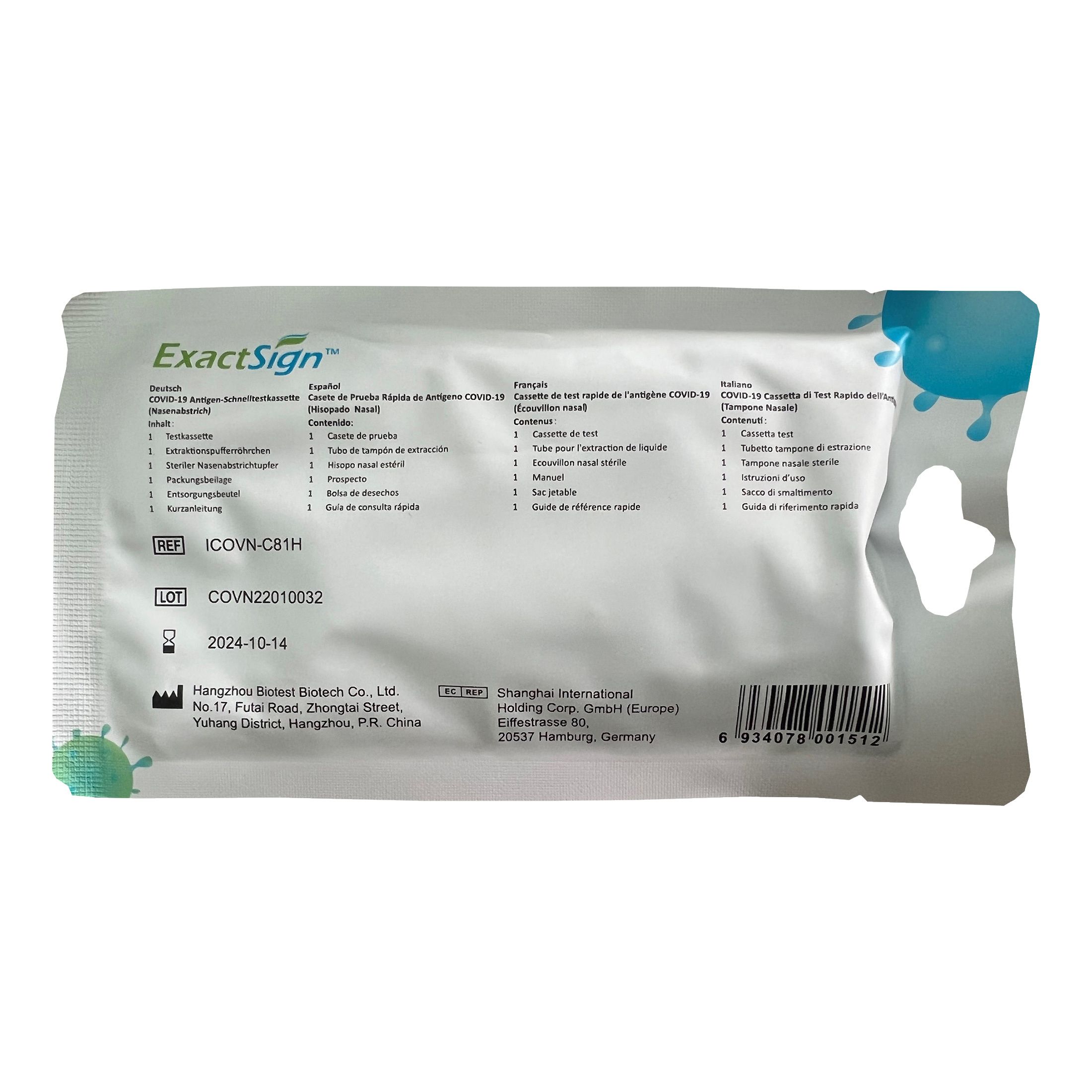 ExactSign-Testpackung. Rückseite mit Produktinformationen und Zertifizierungen. Weiße Verpackung mit blauen und grünen Elementen.