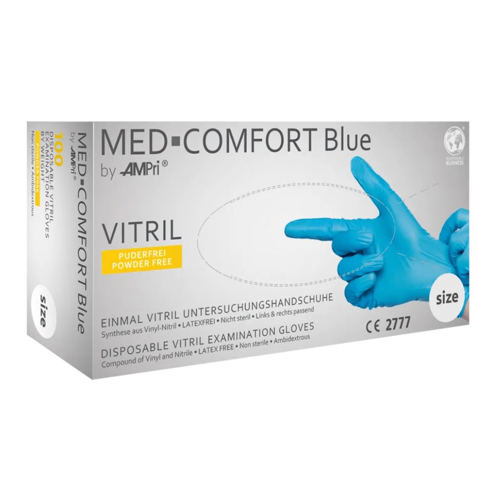 MED-COMFORT Blue Vitril Untersuchungshandschuhe, puderfrei, Einmalhandschuhe, CE 2777.