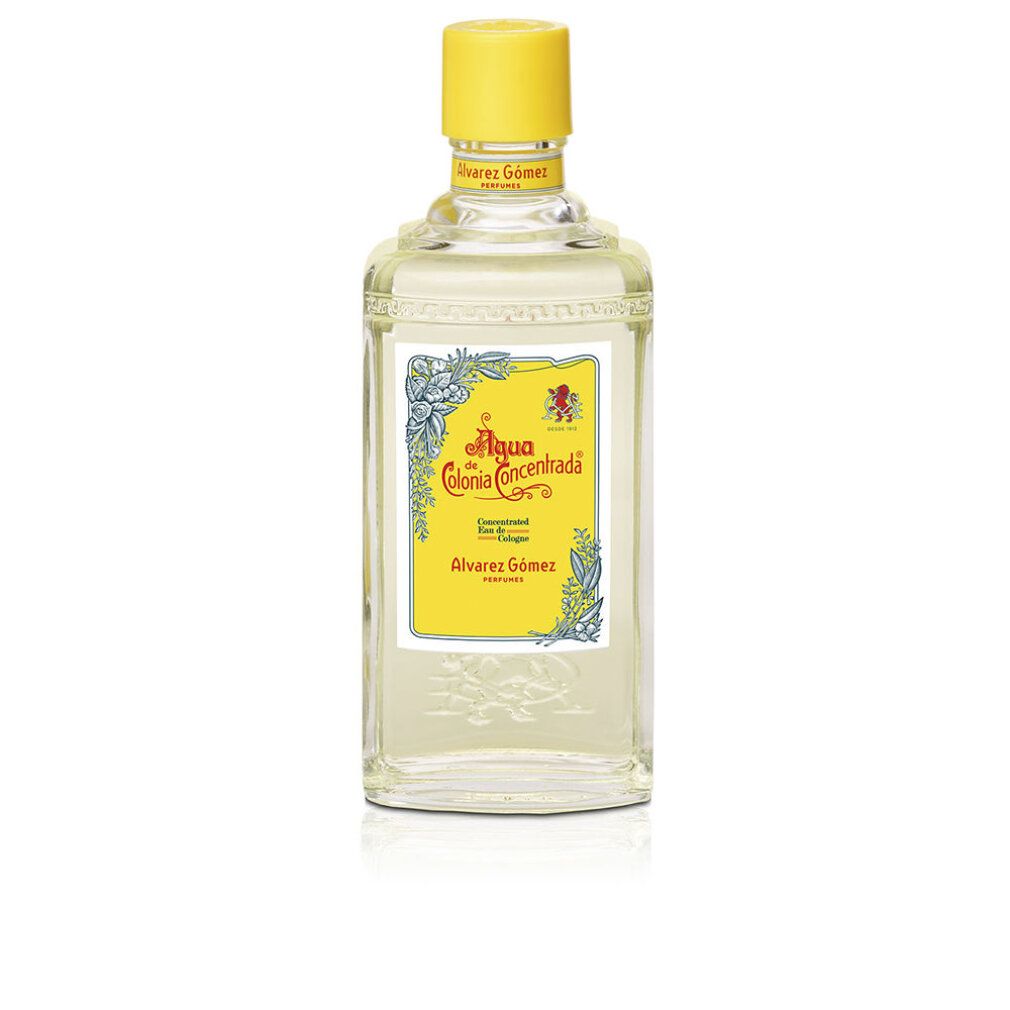 Glasflasche mit gelbem Verschluss und Etikett mit floralem Design und Löwenwappen.
