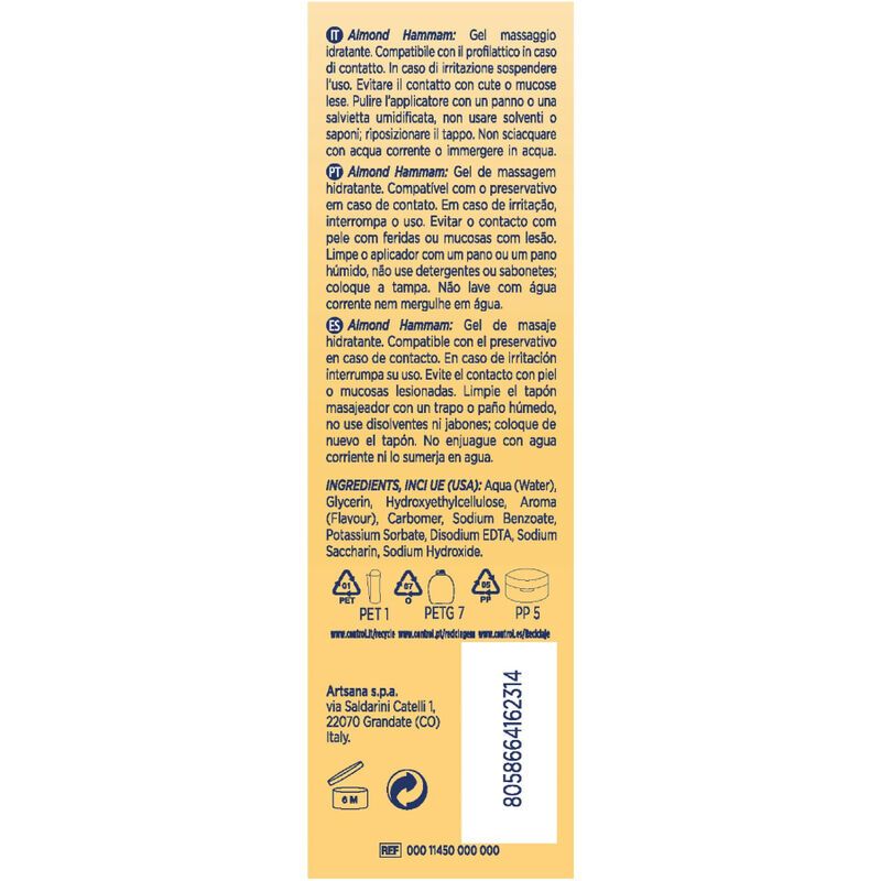 Control Almond Hammam Massagegel Flasche, Vorderseite mit Mandeln und Blüten.