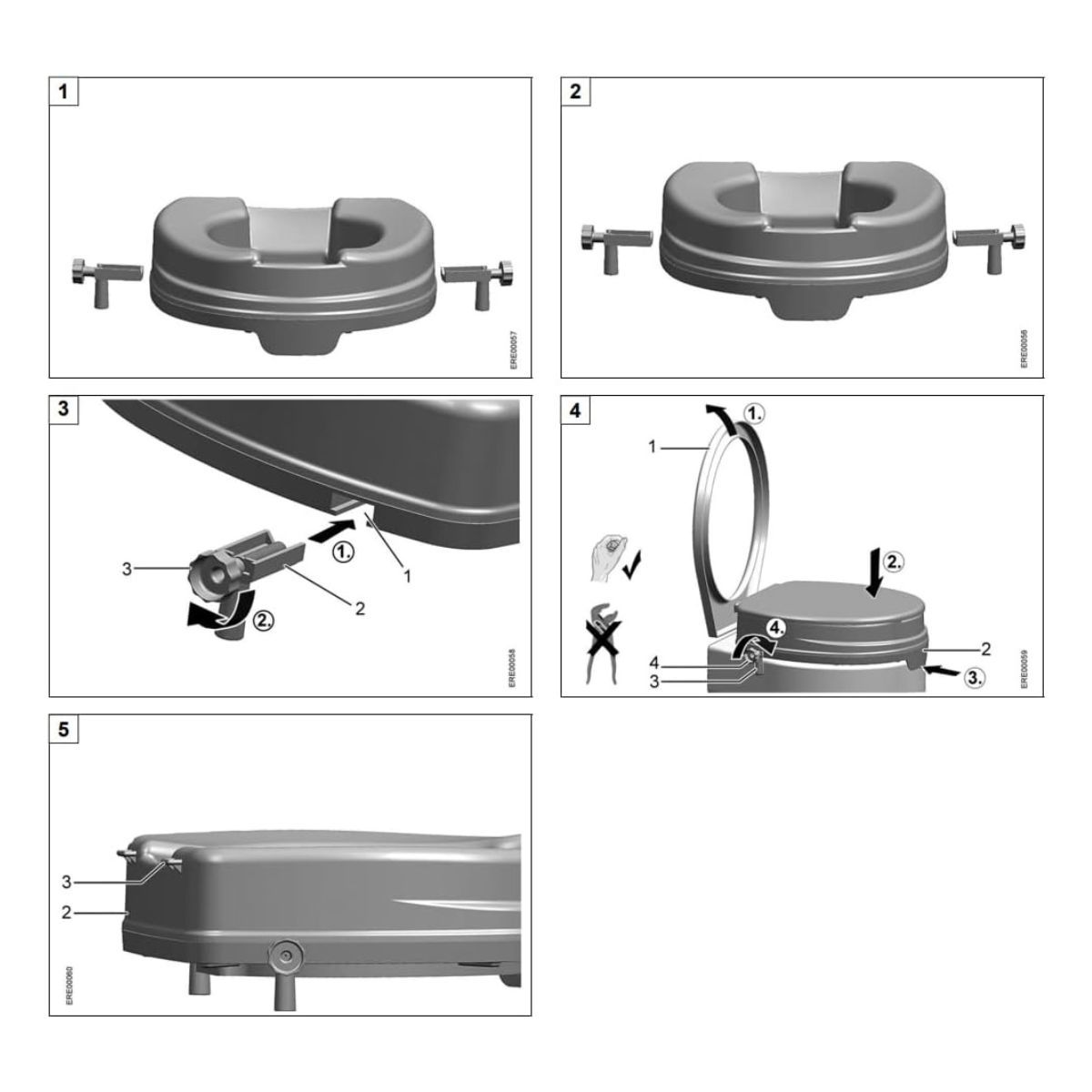 Montageanleitung für Toilettensitzerhöher. Mehrere Diagramme zeigen die Montage mit Schrauben und Zubehör.