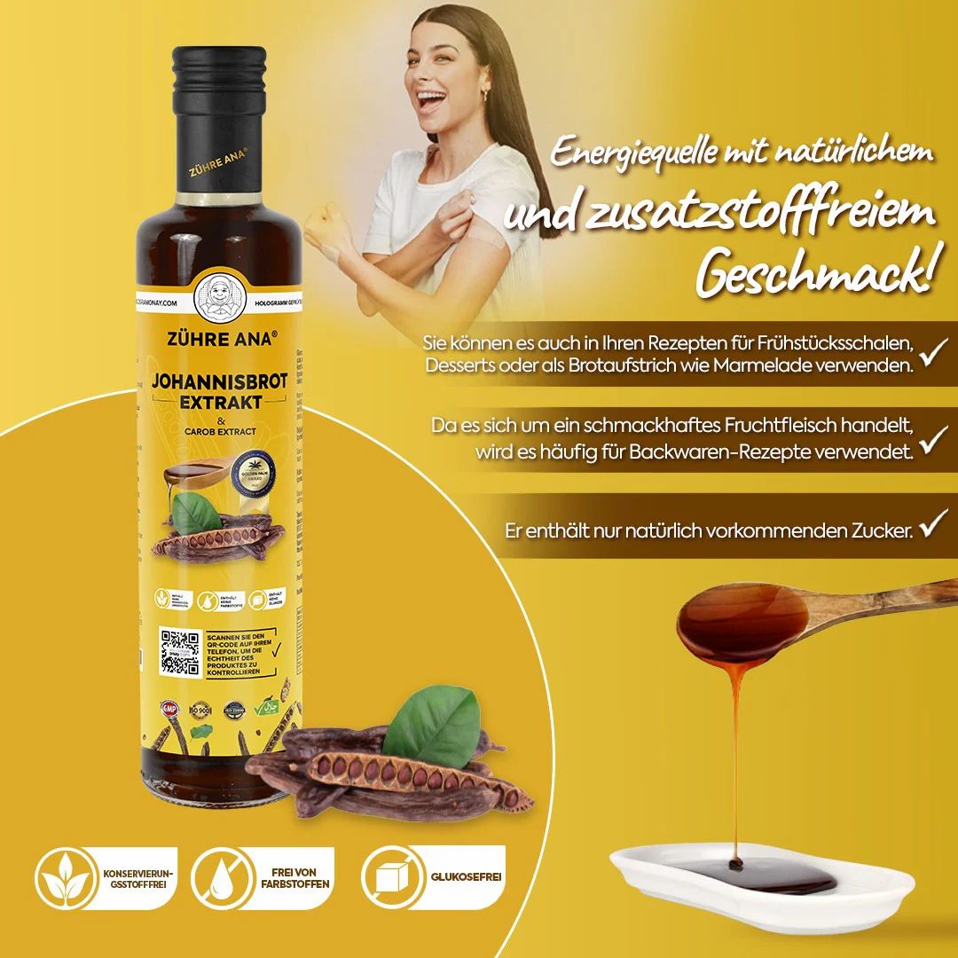 Braune Glasflasche mit schwarzem Deckel. Aufschrift: Zühre Ana Johannisbrot Extrakt. Gelbes Etikett. Produkt wird in Löffel gezeigt.