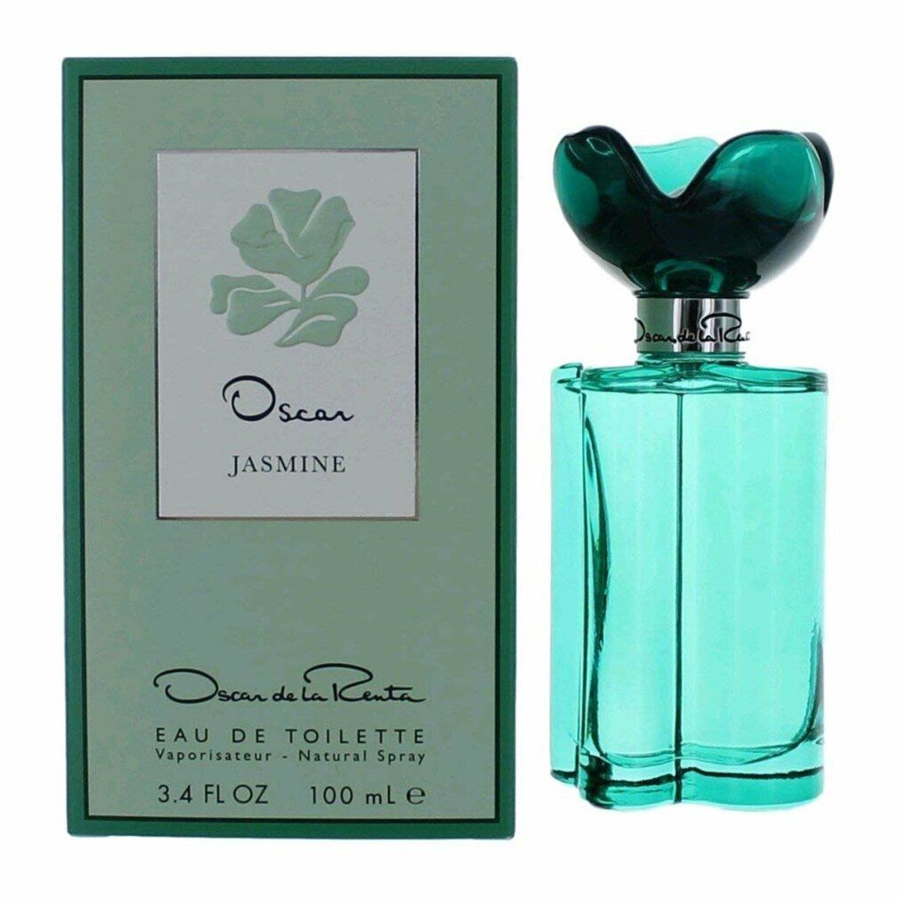 Grünes Parfüm mit blütenförmigem Deckel und grüner Schachtel. Aufschrift: Oscar, Jasmine, Eau de Toilette, 3.4 FL OZ, 100 ml e.