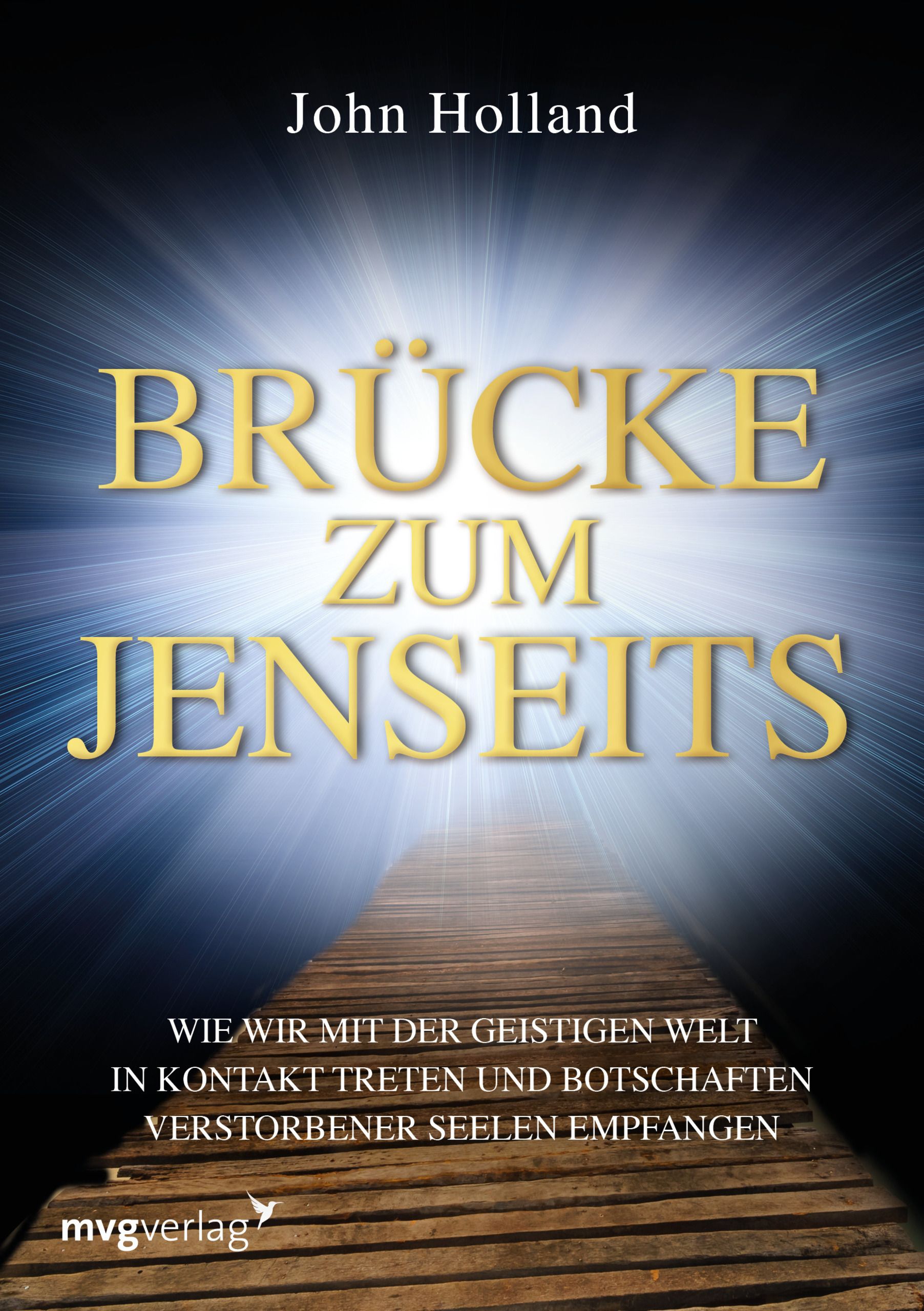 Buchcover mit Titel "Brücke zum Jenseits". Autor: John Holland. Holzsteg führt in helles Licht. Verlag: mvgverlag.