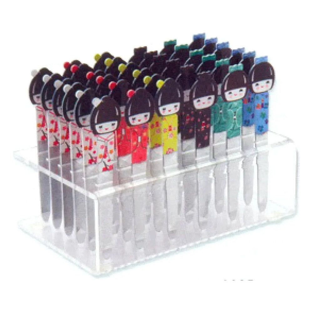 Präsentoir mit 36 farbigen Aktenordnern mit japanischen Puppen-Designs. Klare, transparente Halterung.