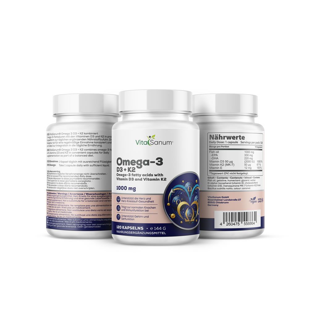 Drei weiße Kunststoff-Behälter mit Omega-3 D3+K2 Kapseln. Produktname und Inhaltsangaben auf den Etiketten.