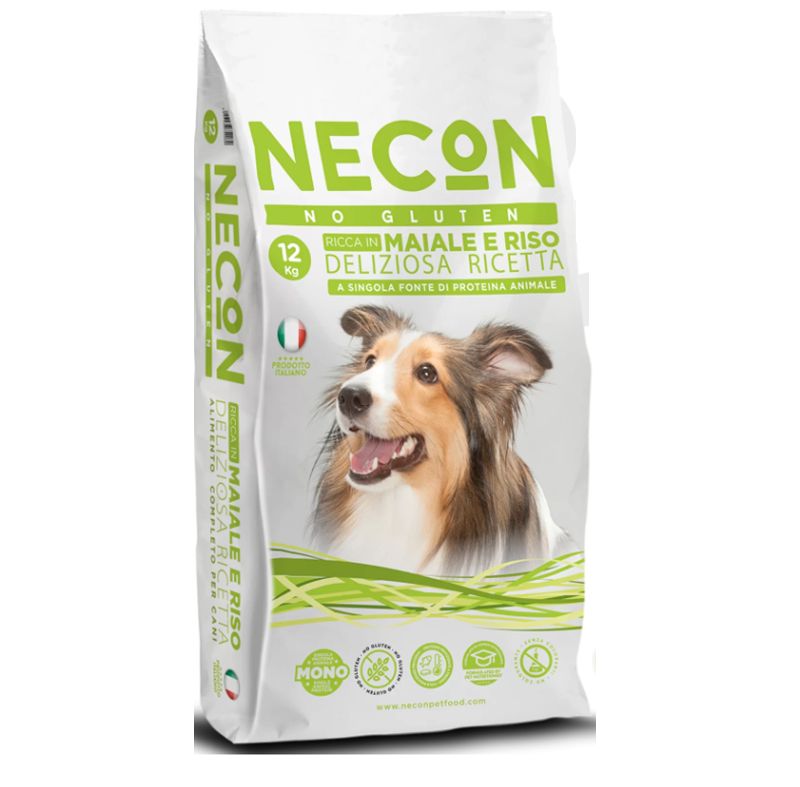 Hundefutterbeutel mit Aufdruck. Aufschrift: Necon, No Gluten, 12 kg. Abbildung eines Hundes. Italienische Flagge.