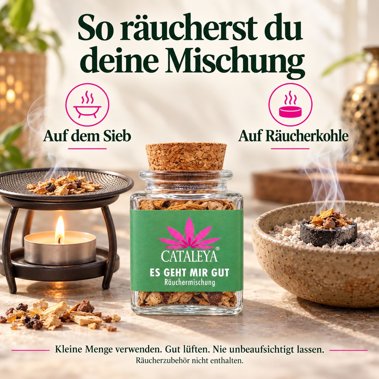 Räuchern auf Sieb mit Kerze und auf Räucherkohle, daneben CATALEYA Räuchermischung im Glas.