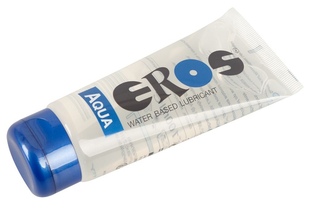 Tube mit transparentem Gel und blauem Verschluss. Aufschrift: EROS Aqua, Water Based Lubricant.