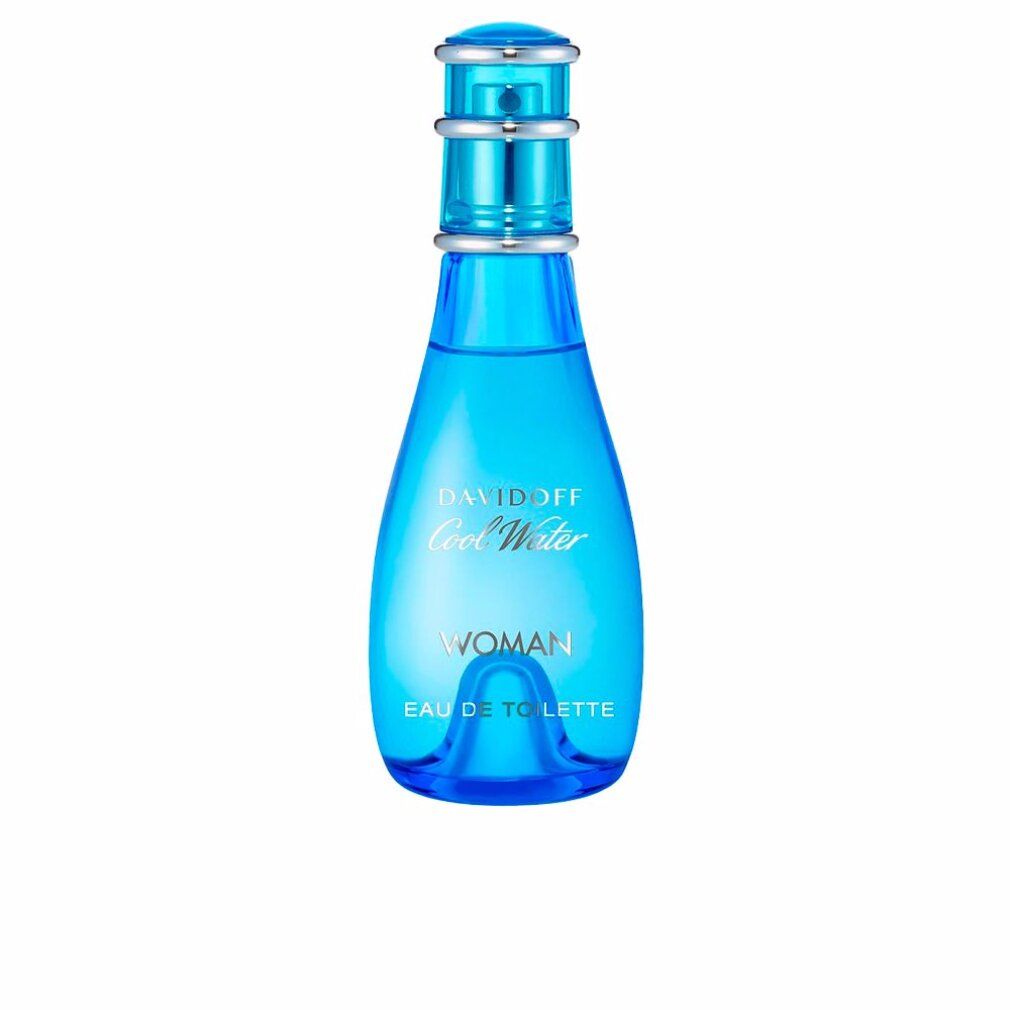 Hellblaue Flasche mit silbernem Verschluss. Aufschrift: Davidoff Cool Water Woman Eau de Toilette.