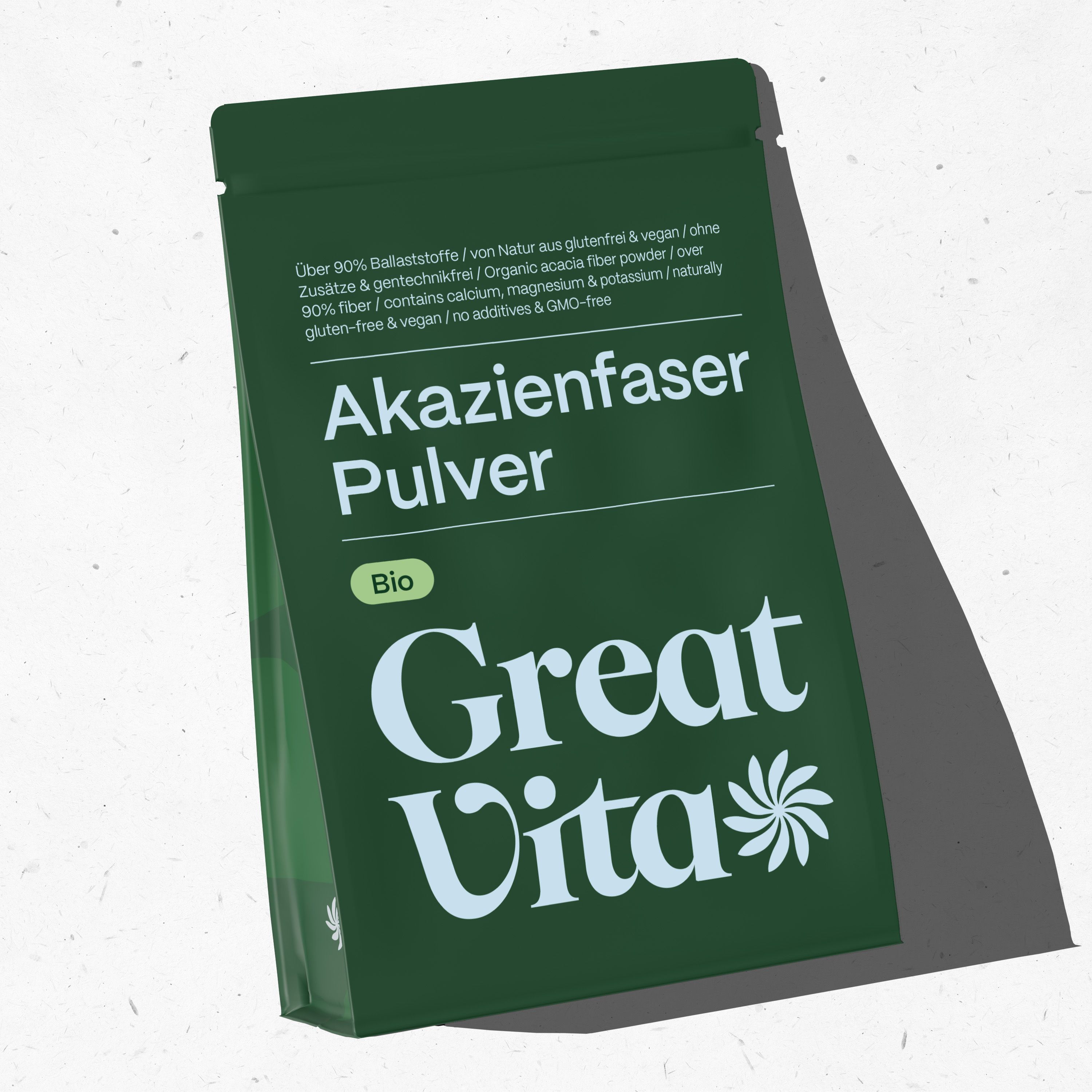 Grüne Verpackung mit 'Akazienfaser Pulver Bio' und 'Great Vita' Logo. Enthält Informationen zu Ballaststoffen und Inhaltsstoffen.