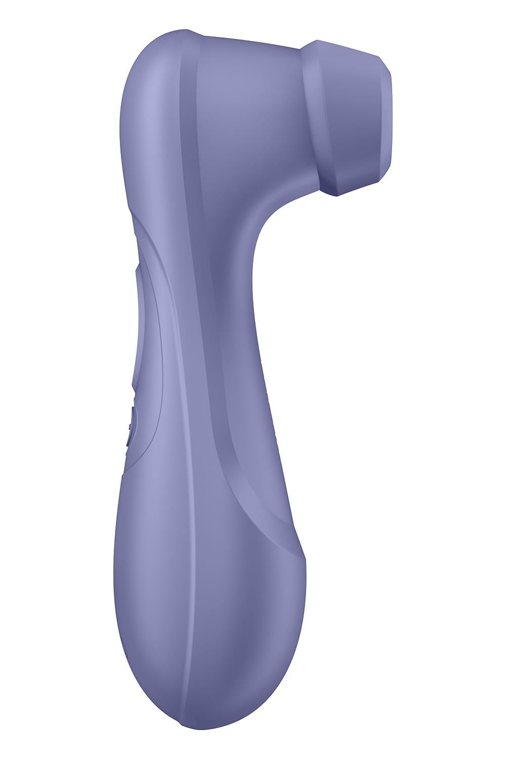 Lila Satisfyer Pro 2 Vibrator, Rückansicht. Zeigt die ergonomische Form und die CE-Kennzeichnung.
