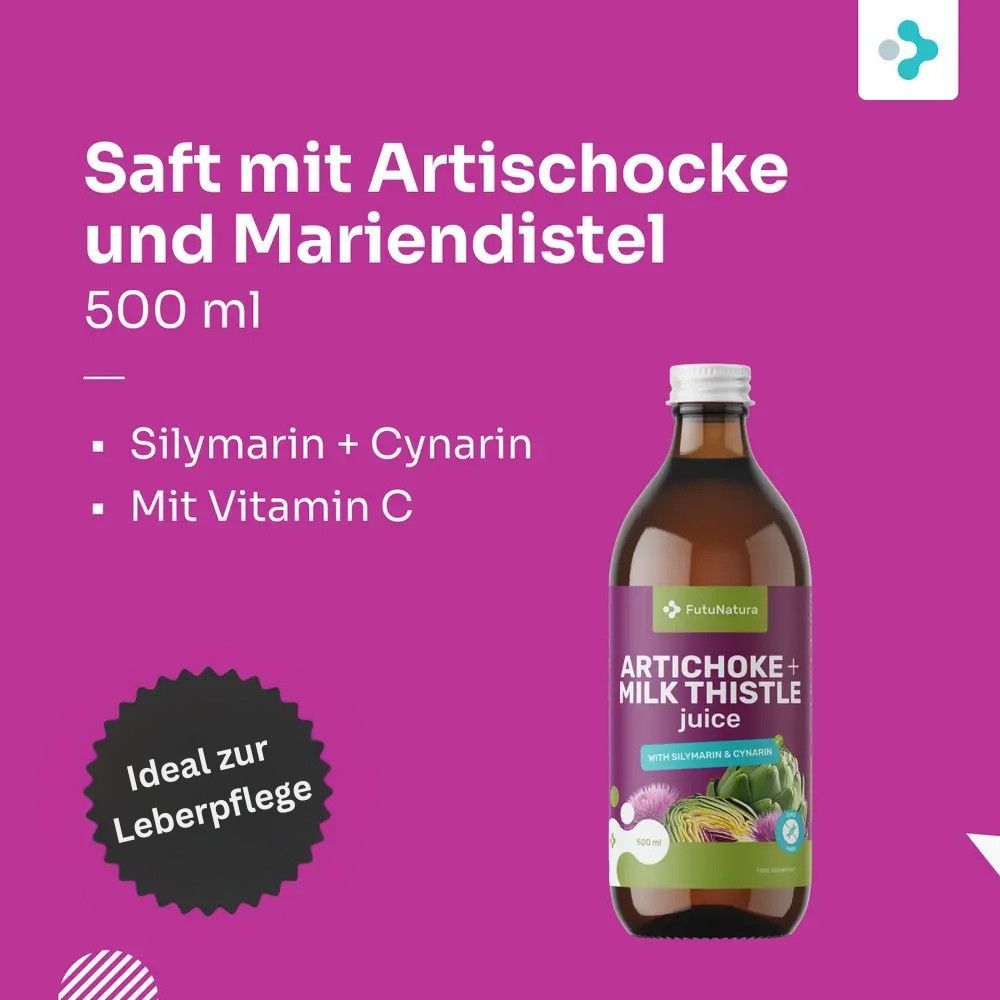 Produktflasche mit Etikett. Text: Saft mit Artischocke und Mariendistel, 500 ml. Zusätzliche Textfelder und Logo.