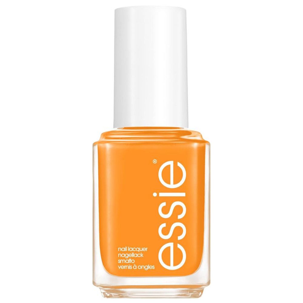 Essie Nagellack-Fläschchen. Orangefarbener Nagellack in quadratischer Glasflasche mit weißem Deckel. Essie-Logo.