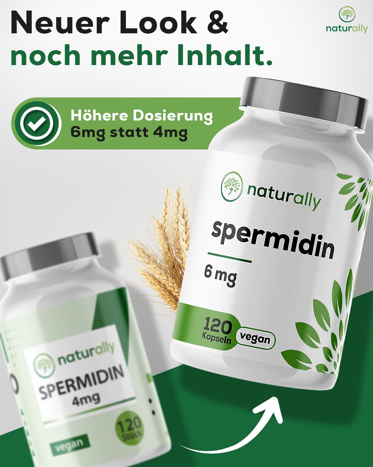 Zwei Flaschen "naturally spermidin 6 mg". Eine mit 4 mg. Text: "Neuer Look & mehr Inhalt. Höhere Dosierung 6mg statt 4mg".