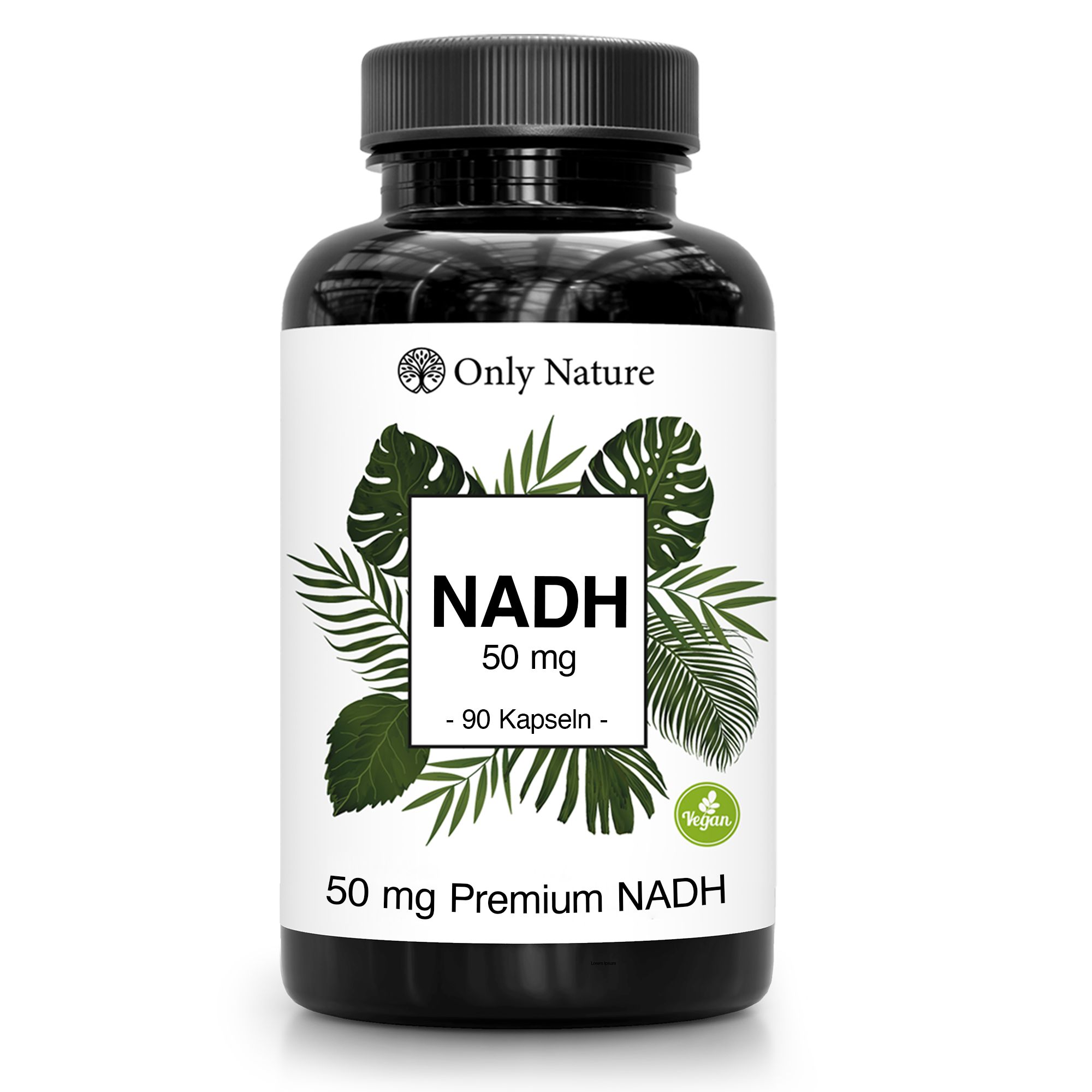 Schwarze Flasche mit Only Nature NADH Kapseln. Etikett mit Produktinformationen und Blättern. 90 Kapseln, 50 mg NADH.
