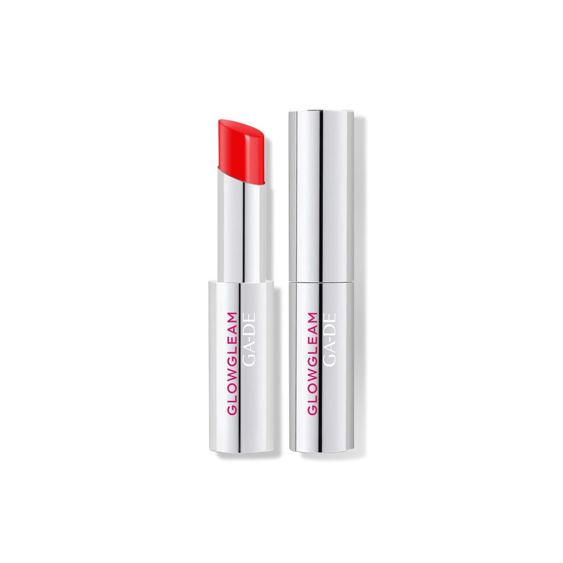 Lippenstift mit roter Spitze und silberner Hülse. Aufschrift: GLOWGLEAM, GA-DE.