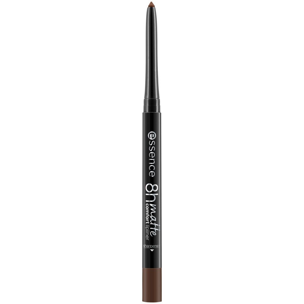 Essence 8H Matte Comfort Lippenstiftstift. Brauner Stift mit schwarzem Schaft. Marke und Produktbezeichnung sind sichtbar.