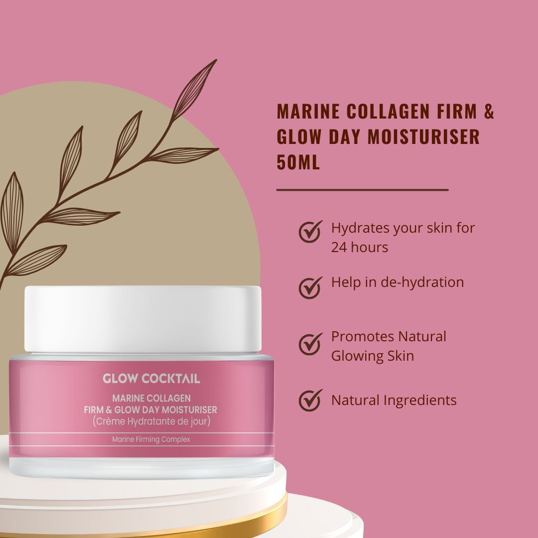 Rosa Creme-Dose mit Text und Icons. Aufschrift: Glow Cocktail, Marine Collagen, Firm & Glow Day Moisturiser, 50ml.