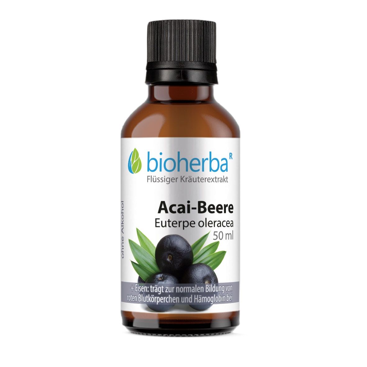 Braune Glasflasche mit schwarzem Deckel. Etikett mit Bioherba Logo und Produktname Acai-Beere. Abbildung von Früchten und Blättern.